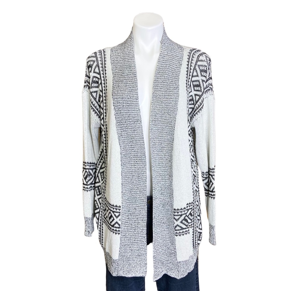 OCEANUS Aztec Print Cardigan Sweater Open Front Black White Womens Small